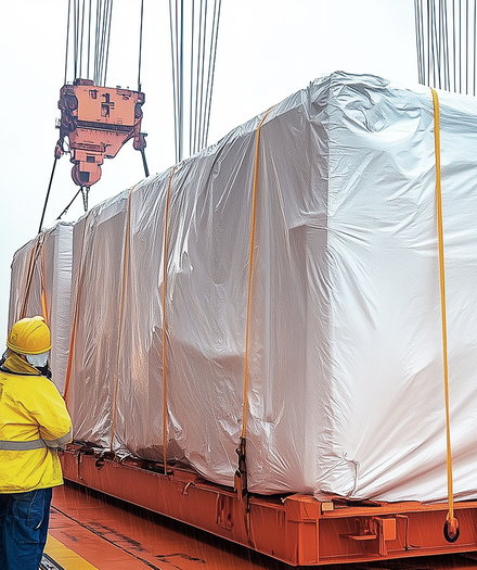 Tarpaulin covering cargo during loading demonstration